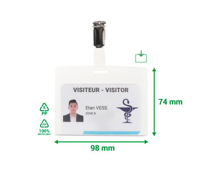 Kit badges visiteurs, PP, avec clips et inserts, horizontal