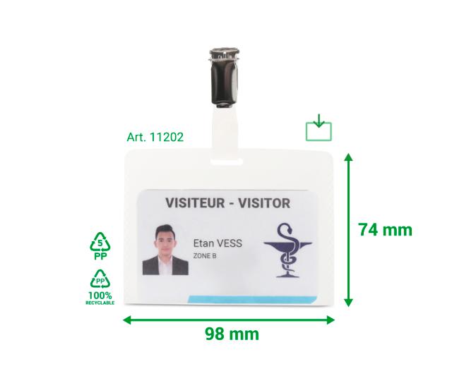 Kit badges visiteurs, PP, avec clips et inserts, horizontal