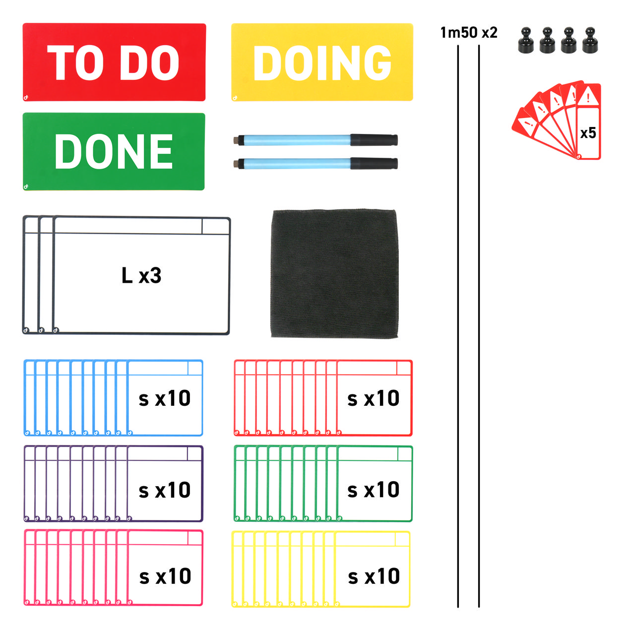 Kit cartes tâches magnétiques pour tableau Kanban, 3 colonnes, cartes S
