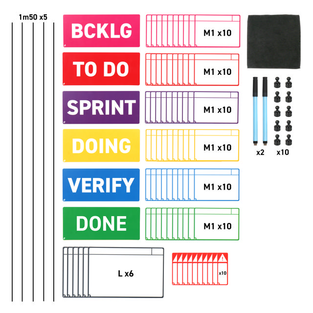 Kit cartes tâches magnétiques pour tableau Scrum, 6 colonnes, cartes M
