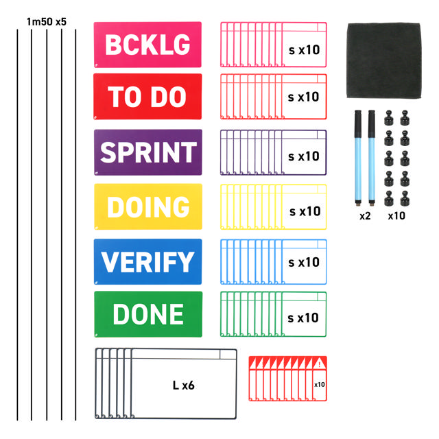 Kit cartes tâches magnétiques pour tableau Scrum, 6 colonnes, cartes S