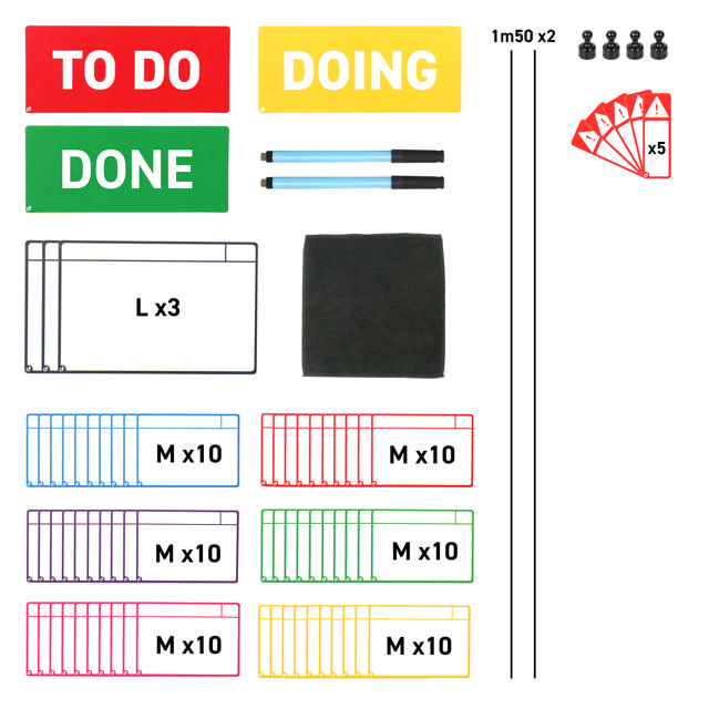 Kit cartes tâches magnétiques pour tableau Kanban, 3 colonnes, cartes M