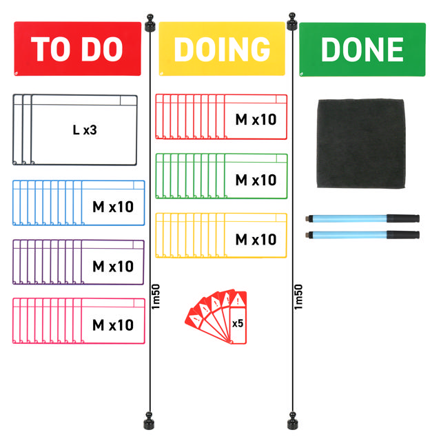 Kit cartes tâches magnétiques pour tableau Kanban, 3 colonnes, cartes M