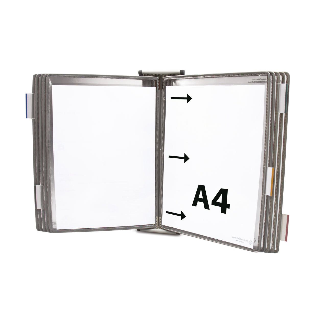 Système de présentation mural métal Tarifold, A4, 10 poches, insertion côté gauche