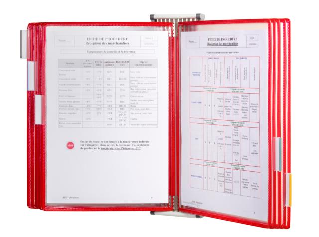 Système de présentation mural métal Tarifold, A4, 10 poches, insertion côté gauche