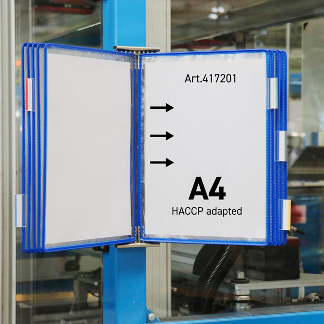 Système de présentation mural inox Tarifold, A4, 10 poches, insertion côté gauche