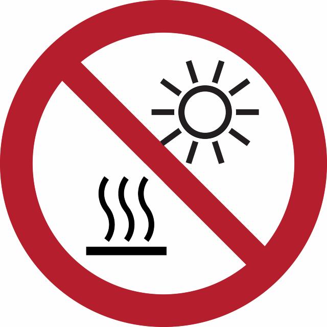 Panneau pictogramme Interdiction d'exposer directement au soleil ou à une surface bouillante, Ø 100 mm